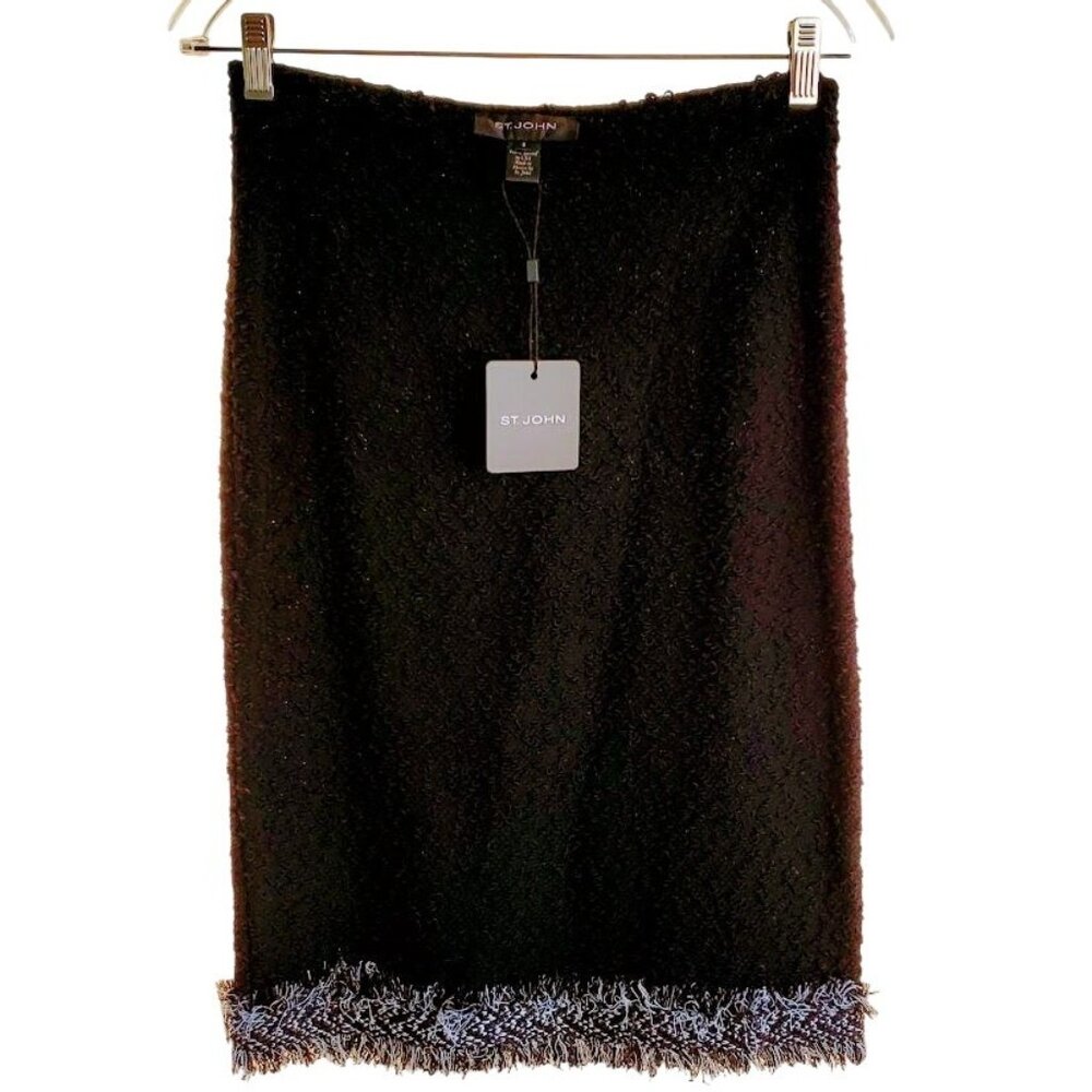 St. John Bouclé Skirt Caviar Frost Size 2 Fringe Hem NWT Couture